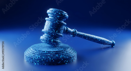 A blue gavel made of tiny pixels on a blue surface with a dark background
