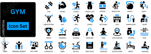 GYM solid icon set contains dumbbell, barbell, kettlebell, treadmill, exercise bike, jump rope, weightlifter, boxing glove, stopwatch, biceps, workout, strength training, cardio fitness and more.