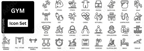 GYM line icon set. Gym and Fitness solid icon set. Fitness, sport, exercise, gym, diet, dumbbell, protein, calories, yoga, cardio and weightlift. Vector illustration