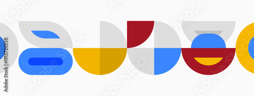 Abstract colorful shapes form letterlike designs. Bright hues create playful, modern visual impact. Minimalist style, clean lines present.