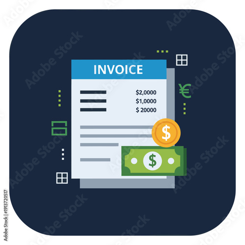Illustration of an invoice with currency symbols and financial elements, representing business and accounting.