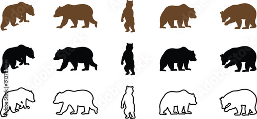 Bear icon set collection group in flat line style featuring grizzly, ursus, wildlife, animal silhouette and predator synonym elements for nature design, forest logo branding and graphic use