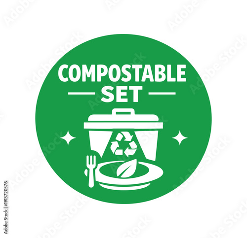 Flat vector badge COMPOSTABLE SET simple white compost bin with plate good for package business info about product