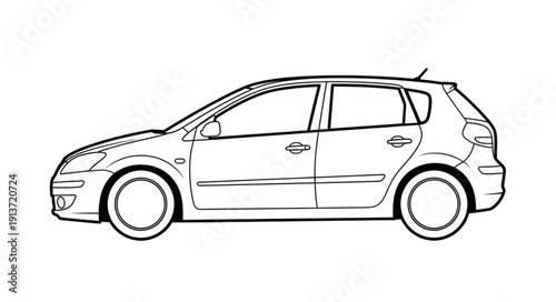 Detailed Outline Drawing of a Modern Hatchback Car.