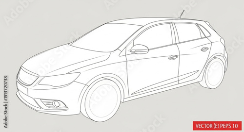 Detailed outline drawing of a modern hatchback car.