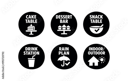 2x3 grid on white background six separate flat vector badges badge solid black circle with the text good for package business info about product consistent style and size badge texts and :