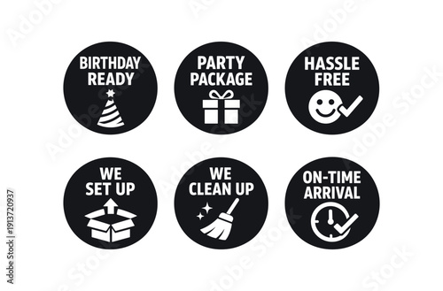 2x3 grid on white background six separate flat vector badges badge solid black circle with the text good for package business info about product consistent style and size badge texts and :