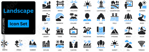 Landscape solid icon set contains Nature, landscape, forest, sea, sunset, mountain, travel, road, lake and more. Solid icons set. 