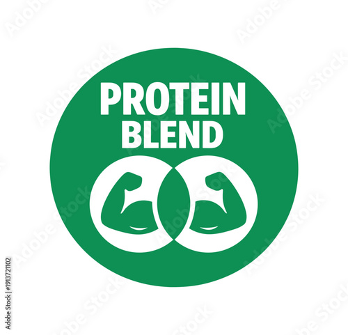 Flat vector badge PROTEIN BLEND simple white two circles merging with flexed good for package business info about product