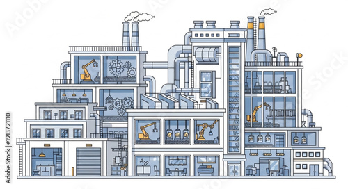 Detailed illustration of a modern industrial factory complex.