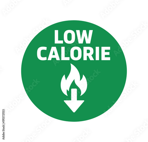 Flat vector badge LOW CALORIE simple white flame with down arrow good for package business info about product