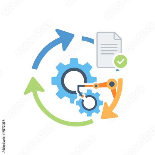 Illustration of an automated workflow process with gears, a robotic arm, and a document, symbolizing continuous improvement and efficiency.