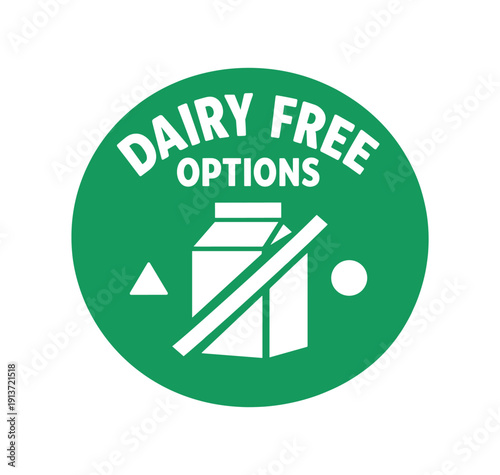 Flat vector badge DAIRY FREE OPTIONS simple white milk carton with slash good for package business info about product