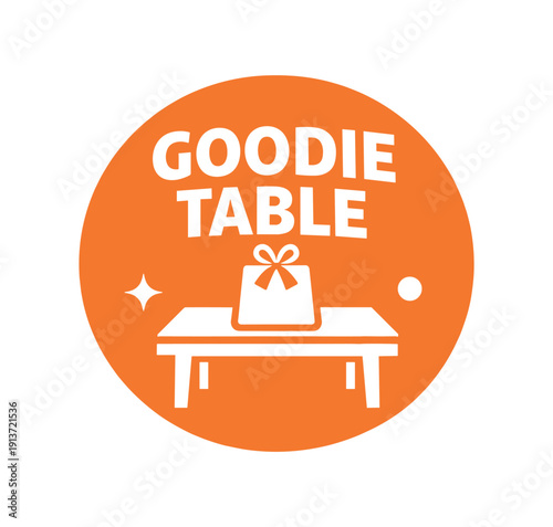 Flat vector badge GOODIE TABLE simple white table with gift bag good for package business info about product