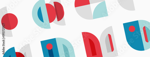 Abstract geometric shapes repeat. Red, blue, gray tones dominate design. Minimalist pattern creates modern aesthetic. Simple forms overlap.