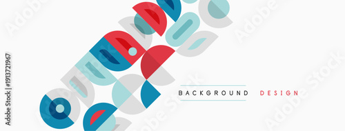 Abstract geometric shapes overlap, creating colorful design. White background emphasizes vibrant elements, modern aesthetic.