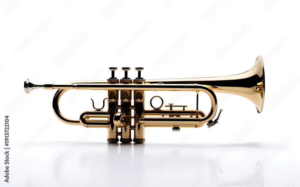 Fototapeta premium Golden brass trumpet isolated on a pristine white background with reflection