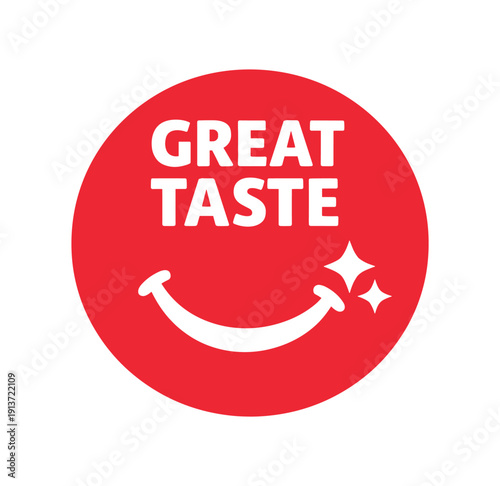 Flat vector badge GREAT TASTE simple white smile with sparkle good for package business info about product