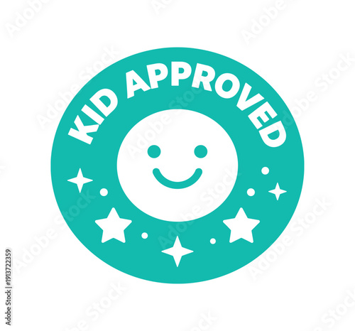 Flat vector badge KID APPROVED simple white smile face with good for package business info about product