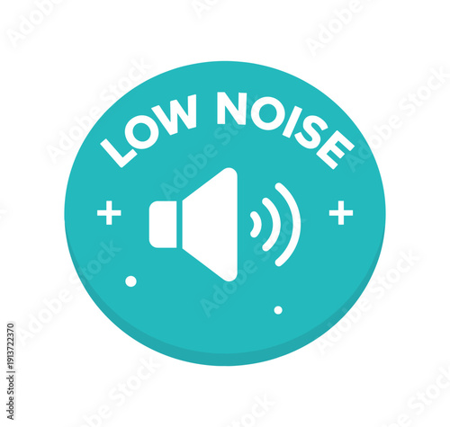 Flat vector badge LOW NOISE simple white speaker with low bars good for package business info about product