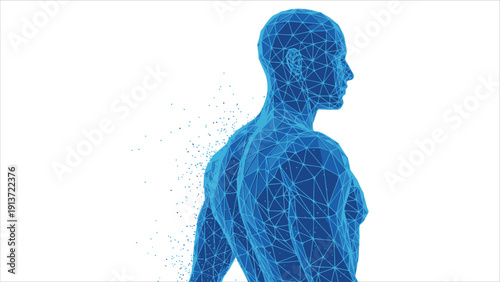 Blue geometric outline of a male upper body on a white background, symbolizing the intersection of technology and health
