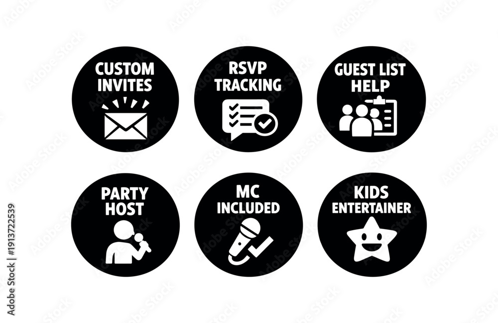 Obraz premium 2x3 grid on white background six separate flat vector badges badge solid black circle with the text good for package business info about product consistent style and size badge texts and :