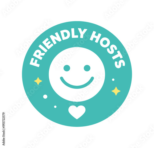 Flat vector badge FRIENDLY HOSTS simple white smile face with heart good for package business info about product