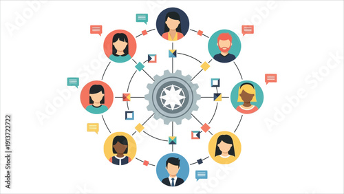 Peer-to-peer community network with connected user avatars in a circle, symbolizing decentralized blockchain governance