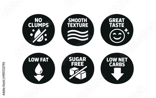 2x3 grid on white background six separate flat vector badges badge solid black circle with the text good for package business info about product consistent style and size badge texts and :