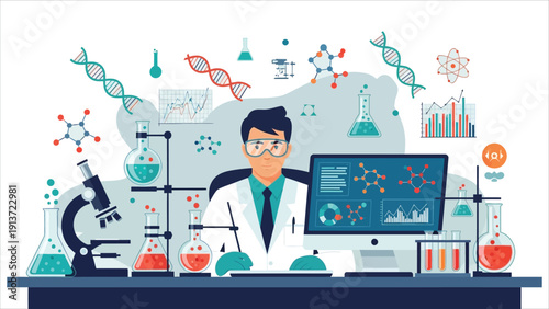  Scientist at a computer analyzing data with laboratory equipment and charts.