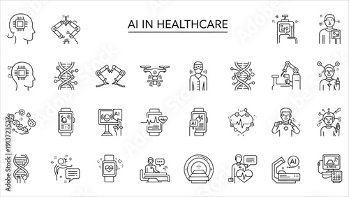 AI Healthcare Technology Icons – Smart Medical Solutions in Vector Outline Style..