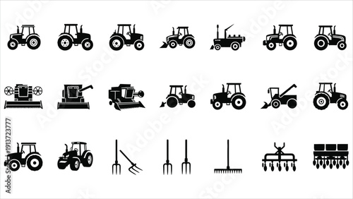 Black silhouette icon set of agricultural machinery and farming equipment