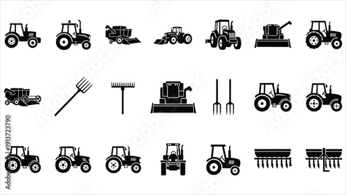 Black silhouette icon set of agricultural machinery and farming equipment