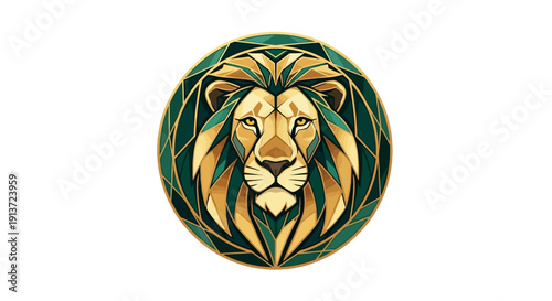 Majestic lion head in gold and green circular emblem