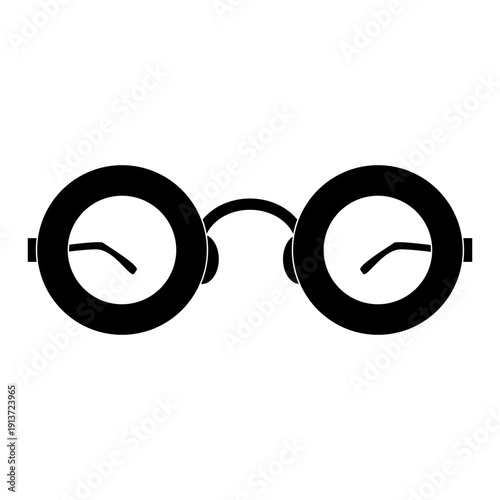 A pair of round glasses with black frames viewed from the front on a plain background