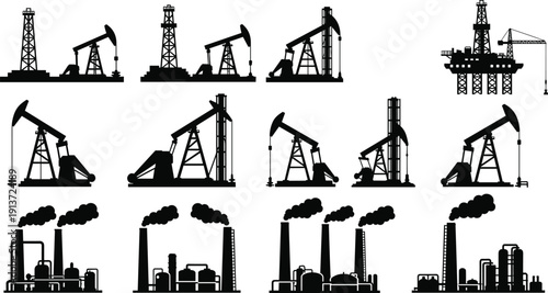 Industrial Oil Rig and Factory Silhouette Set with Pump Jacks Drilling Platforms Smoking Chimneys Refinery Plants Petrol Production and Energy Icons