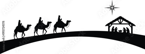 Nativity Scene Silhouette with Three Wise Men Riding Camels to Bethlehem Stable for Christmas Religious Celebration Birth of Jesus Christ
