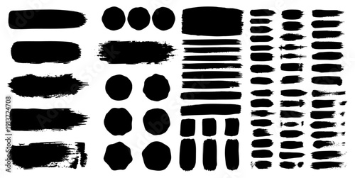 Set of black ink paint brush strokes circles and textured blots for abstract grunge design elements