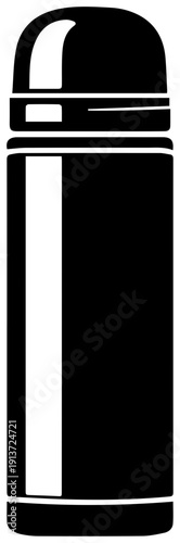 Black insulated beverage thermos flask icon with white accents on a white background