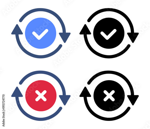 Update and cancel status icons, flat symbols with check mark and cross sign in rotation arrows for process completion and rejection vector illustration