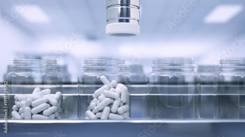 Jar being filled with capsules on an automated pharmaceutical packaging line inside a sterile factory – seamless loop, high-quality 3D render.