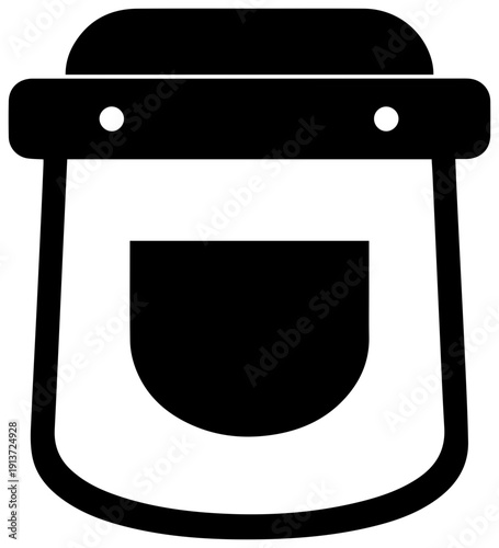 Black filled icon of a clear industrial face shield with headband and two holes for eyes on white background