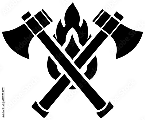 Black icon of crossed fire axes with flame symbol for firefighting and emergency services