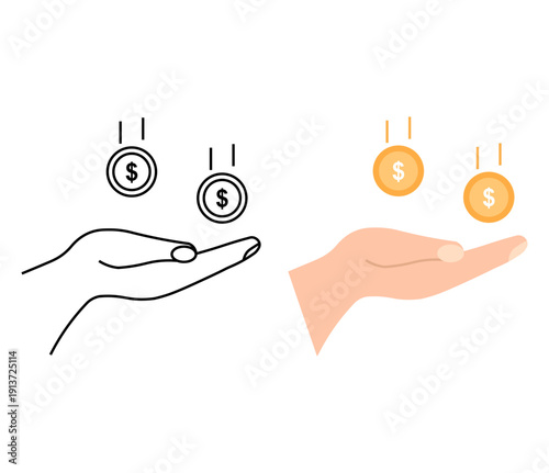 Hand holding falling dollar coins icons set, outline and flat symbols for donation investment profit savings and financial success vector illustration