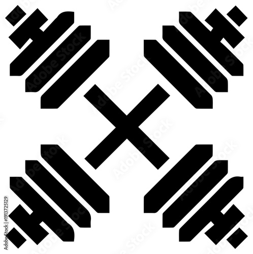 Black filled icon of crossed pair of barbells for fitness and gym concepts