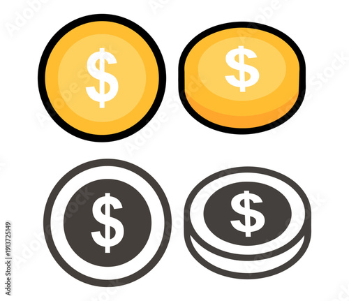 Dollar coins vector set, flat and 3d perspective symbols for money finance economy currency and wealth illustration