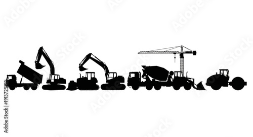Construction Vehicles Silhouettes Collection Heavy Machinery Equipment Set.