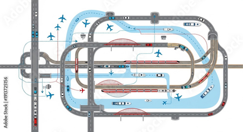 Complex transportation network diagram with roads and railways.
