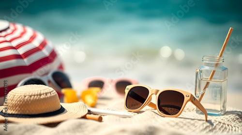 Sunny Beach Day Flat Lay with Summer Accessories, Sunglasses, and Refreshing Drink on Sand