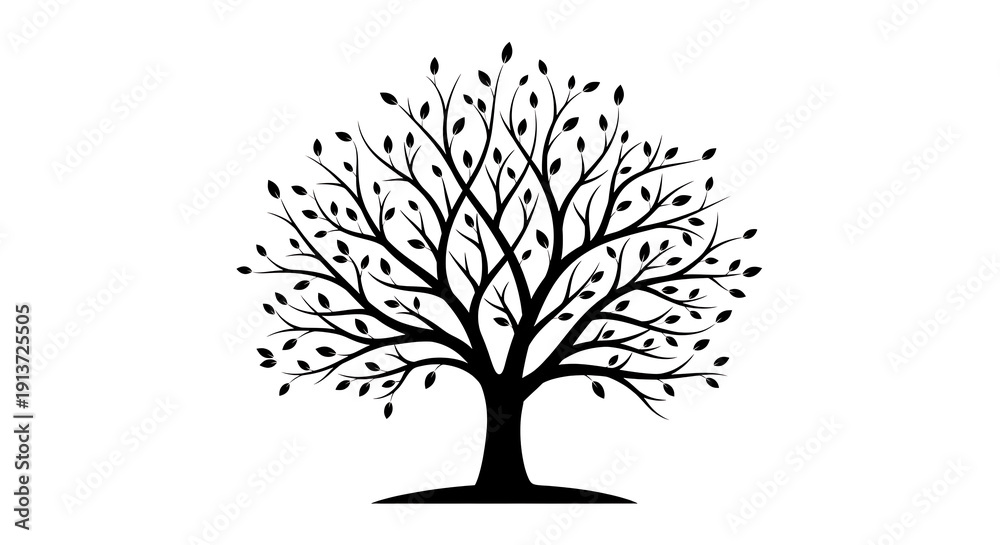 Fototapeta premium Minimalist black and white tree illustration with falling leaves on white background for design and nature themes